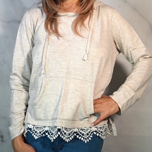 Oatmeal Hoodie with Crochet Lace Trim - Size Large - Picture 2 of 5